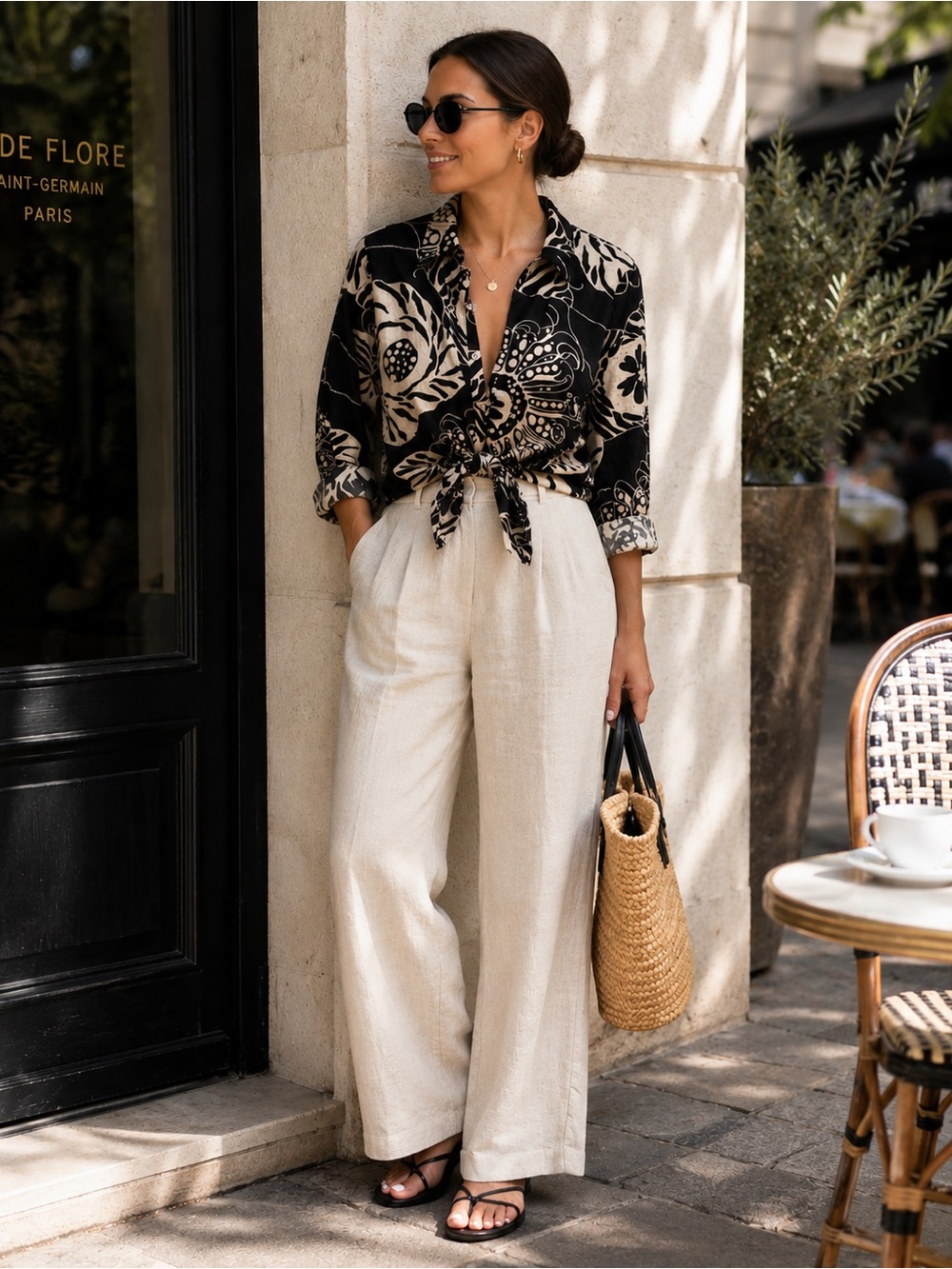 Christian Siriano Black & Cream Front-tie Blouse